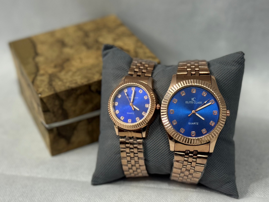 Elite Class Couple Watch Set – Rose Gold & Blue Dial