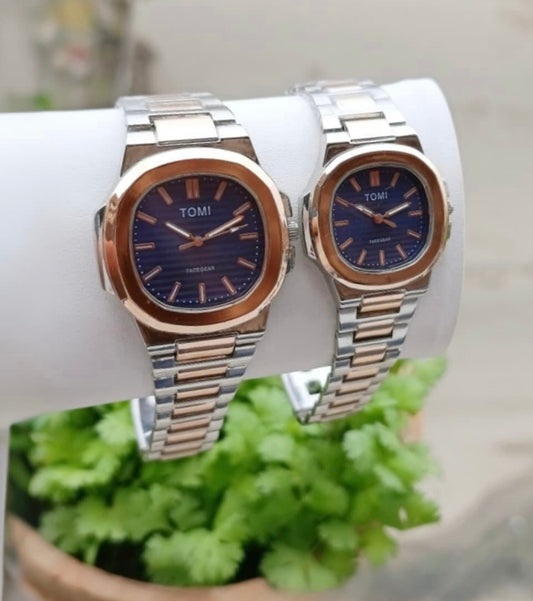 TOMI Couple Watch – Silver & Rose Gold with Blue Dial