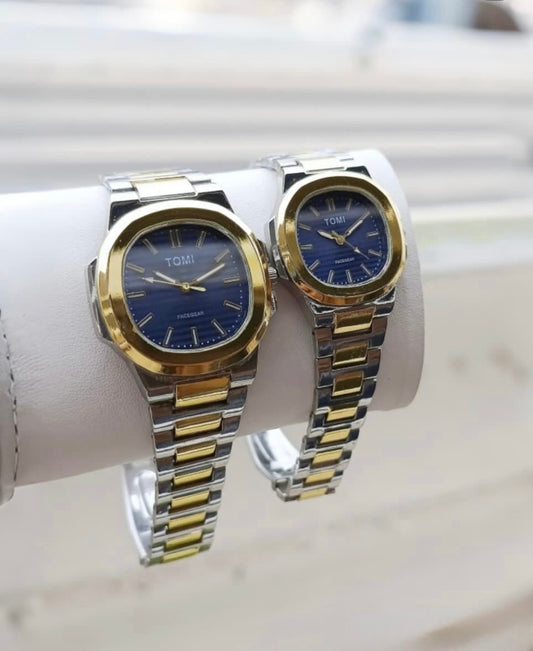 TOMI Couple Watch – Silver & Gold with Blue Dial