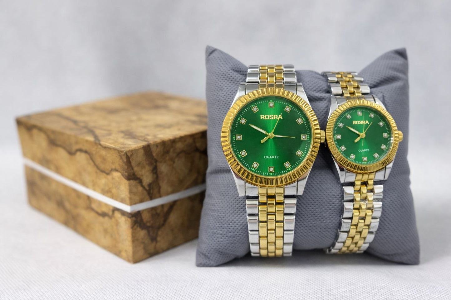 Rosra Emerald Luxe Couple Watch Set – Gold & Silver